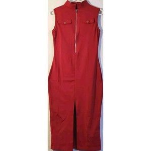 Zile Womens sexy Stand High neck Split bodycon midi dress Red gold Zip Accent M